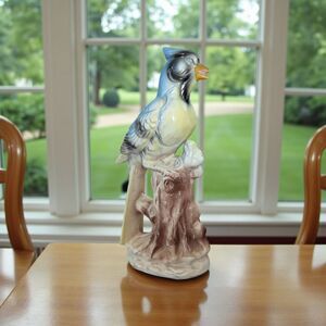 Vintage Porcelain Blue Jay Bird Figurine Japan Stump 10" Tall Leaves Singing